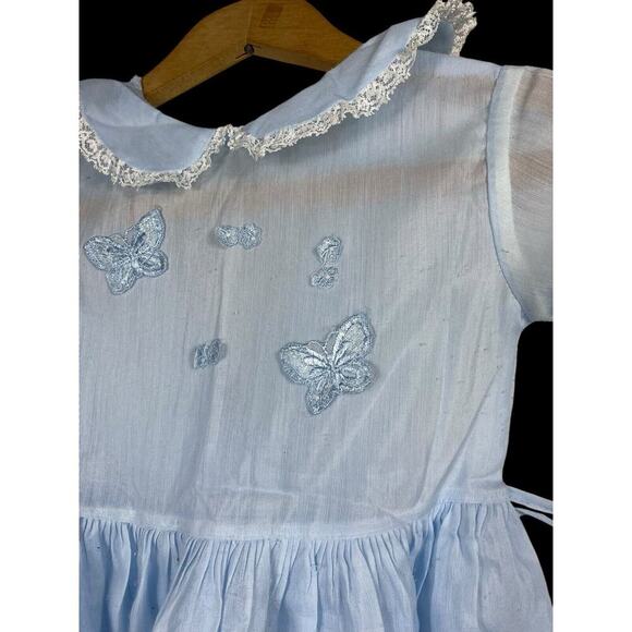 1950s Dress Little Girl Blue Peter Pan Collar Butterfly Applique 4 / 5 Vintage - Picture 6 of 11
